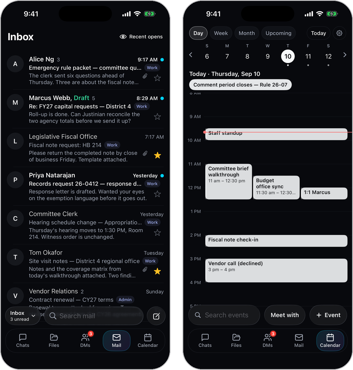 Two iPhone screens: the Mail inbox and the Calendar day view, each with the dock showing Chats, Files, DMs, Mail, and Calendar.