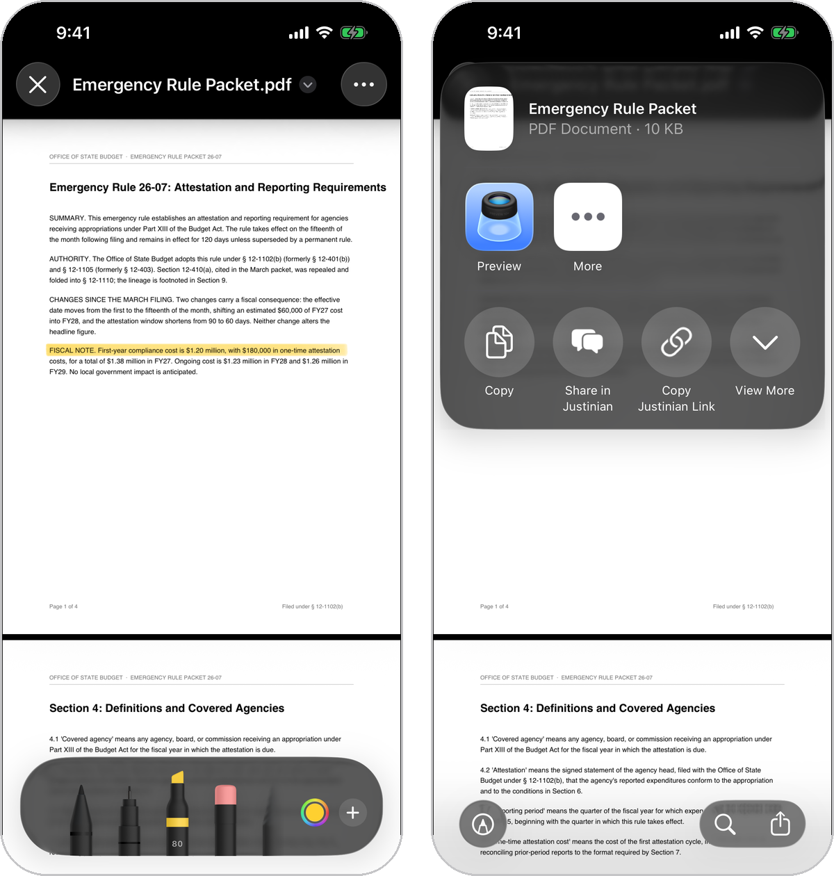 Two iPhone screens: a PDF open natively with a highlight drawn across a sentence and the markup tools showing, and the share sheet offering Share in Justinian and Copy Justinian Link beside the system options.